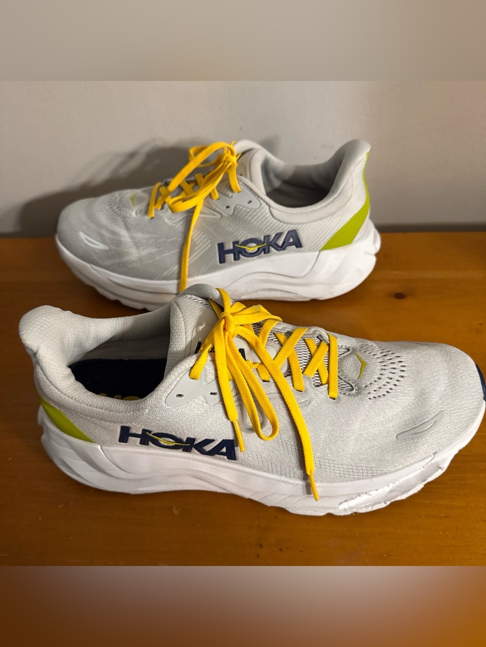 Hoka Kids White Sneakers with Yellow Laces and Lime Accents
